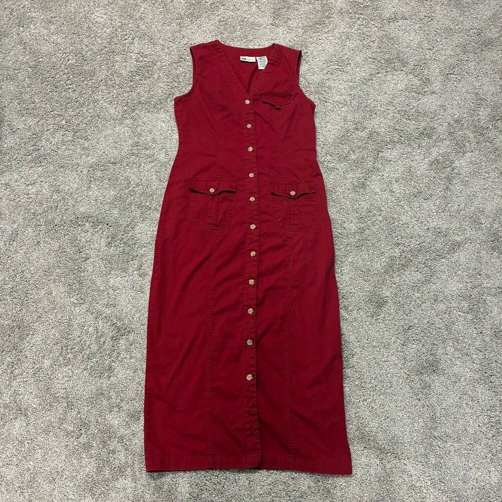 Faded Glory Button Up Maxi Dress Women’s Medium Red Cotton Sleeveless VTG 90’s